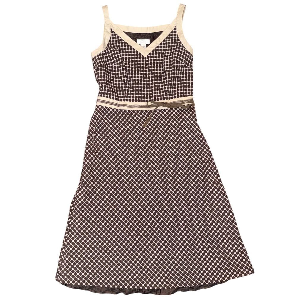 Brown Cream Geometric Dot Cotton Midi Dress Vintage 4 Retro Casual Sleeveless
